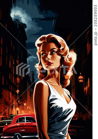 Portrait of a beautiful fashionable woman with a hairstyle, in a city street, at night. Illustration poster in the style of 1960 Portrait of a beautiful fashionable woman with a hairstyle, in a city street, at night. Illustration poster in the style of 1960 108289003