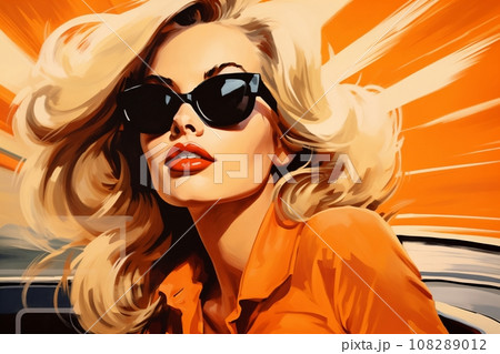 Portrait of a beautiful fashionable woman with a hairstyle and sunglasses, outdoor. Bright day, orange color. Illustration poster in the style of 1960 Portrait of a beautiful fashionable woman with a hairstyle and sunglasses, outdoor. Bright day, orange color. Illustration poster in the style of 1960 108289012