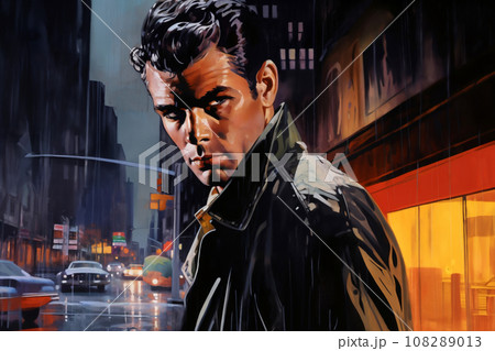 Portrait of a handsome man, in a city street, at night. Illustration poster in the style of 1960 Portrait of a handsome man, in a city street, at night. Illustration poster in the style of 1960 108289013