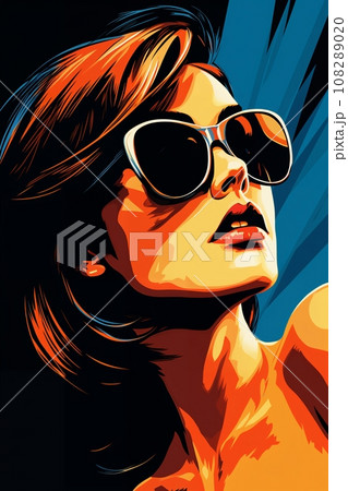 Portrait of a beautiful fashionable woman with a hairstyle and sunglasses, on a black and blue color background. Illustration, poster in style of the 1960s 108289020