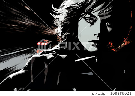 Portrait of a beautiful fashionable woman with a hairstyle, in a car. Night in city, road, black and white color. Noir. Illustration poster in the style of 1960 Portrait of a beautiful fashionable woman with a hairstyle, in a car. Night in city, road, black and white color. Noir. Illustration poster in the style of 1960 108289021