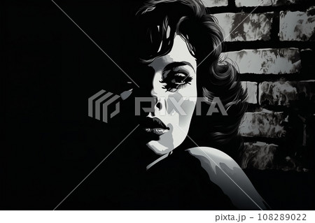 Portrait of a woman at night, near a brick wall background, dark, street. Noir. Tense mood, anxiety and fear. Illustration poster in style of 1960 Portrait of a woman at night, near a brick wall background, dark, street. Noir. Tense mood, anxiety and fear. Illustration poster in style of 1960 108289022