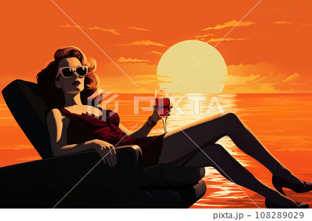 Portrait of a beautiful fashionable woman with a hairstyle and sunglasses, in an evening dress, sitting on a chaise longue and drinking a cocktail, on the beach, at sunset. 108289029