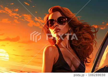 Portrait of a beautiful fashionable woman with a hairstyle and sunglasses, on a yacht, at sunset, blue sky background. Illustration, poster in style of the 1960s 108289030