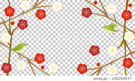 紅梅和白梅樹枝框架和小鳥插畫，長寬比16:9版本 108289037