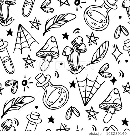 seamless pattern on the theme of magic, witchcraft. vintage black and white halloween print in hand drawing style seamless pattern on the theme of magic, witchcraft. vintage black and white halloween print in hand drawing style 108289140