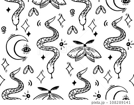 seamless pattern on the theme of magic, witchcraft. vintage black and white halloween print in hand drawing style seamless pattern on the theme of magic, witchcraft. vintage black and white halloween print in hand drawing style 108289141
