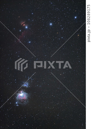 冬の星空 オリオン座大星雲と燃える木、馬頭星雲 冬の星空 オリオン座大星雲と燃える木、馬頭星雲 108289175