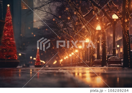 city street in winter, fir tree, exteriors of houses decorated for Christmas or New Year's holiday, snow, street lights, festive environment city street in winter, fir tree, exteriors of houses decorated for Christmas or New Year's holiday, snow, street lights, festive environment 108289284