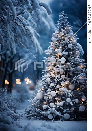 Christmas tree in a winter forest, decorated with garlands and lights, snow covered, beautiful nature at sunset Christmas tree in a winter forest, decorated with garlands and lights, snow covered, beautiful nature at sunset 108289297