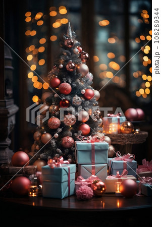 interior of house decorated for Christmas or New Year's holiday, gifts, fir tree, winter season 108289344