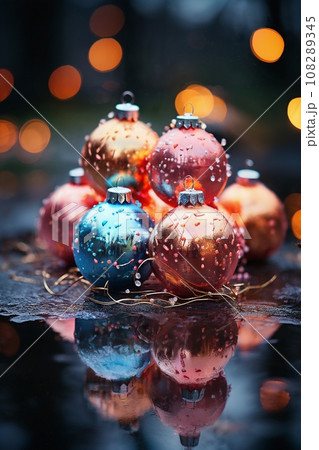 a gifts and decorations in winter forest, covered by snow, decorated for Christmas or New Year's holiday, lights, a fairy-tale environment a gifts and decorations in winter forest, covered by snow, decorated for Christmas or New Year's holiday, lights, a fairy-tale environment 108289345
