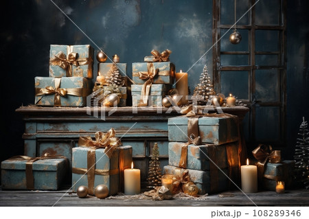 interior of house decorated for Christmas or New Year's holiday, gifts, fir tree, winter season interior of house decorated for Christmas or New Year's holiday, gifts, fir tree, winter season 108289346