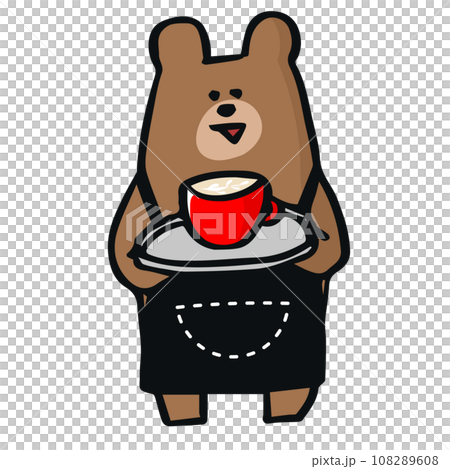 絵画。原画【コーヒーカップの熊ちゃんは喜んでコーヒーを飲みます】 コーヒーを運ぶ店員さんのくまのイラスト素材 [108289608] - PIXTA