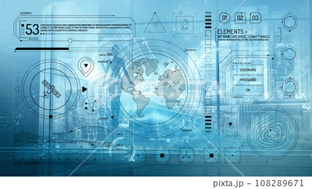 Infographic about satellite data collection on futuristic background. 108289671