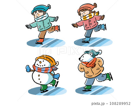 氷の上でスケートをする男の子と女の子と雪だるまとシロクマのイラストセット 氷の上でスケートをする男の子と女の子と雪だるまとシロクマのイラストセット 108289952