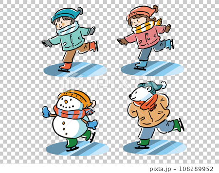 氷の上でスケートをする男の子と女の子と雪だるまとシロクマのイラストセット 108289952