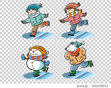 Illustration set of a boy and girl skating on ice, a snowman and a polar bear 108289952
