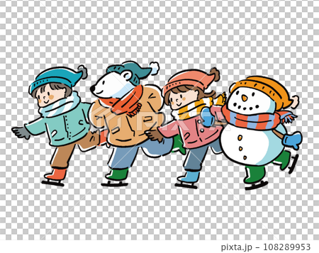 Illustration set of a boy and girl skating side by side, a snowman and a polar bear 108289953
