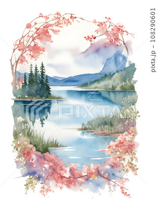 Watercolor lake vibrant on white background 108290601