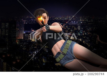 夜の大都会の上空で銃を発砲して敵と戦う女性ヒットマン 108290744