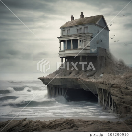 A house perched precariously on a cliff caused by coastal erosion. A house perched precariously on a cliff caused by coastal erosion. 108290910