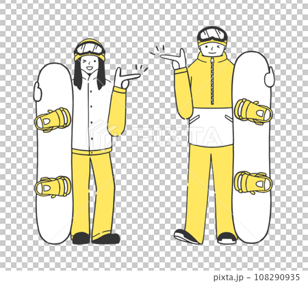 Snowboarder couple pointing full body illustration set 108290935