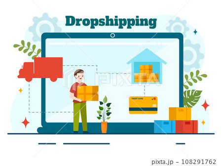 Dropshipping Business Vector Illustration with Businessman Open E-commerce Website Store and Let Supplier Ship Product in Flat Cartoon Background Dropshipping Business Vector Illustration with Businessman Open E-commerce Website Store and Let Supplier Ship Product in Flat Cartoon Background 108291762