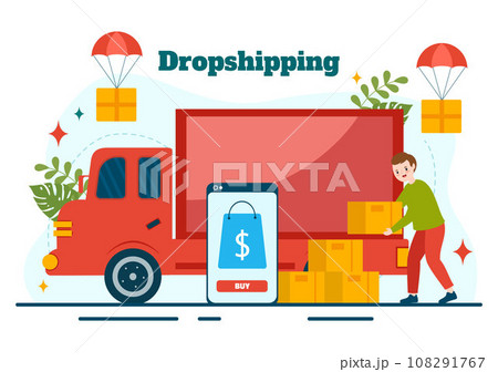 Dropshipping Business Vector Illustration with Businessman Open E-commerce Website Store and Let Supplier Ship Product in Flat Cartoon Background Dropshipping Business Vector Illustration with Businessman Open E-commerce Website Store and Let Supplier Ship Product in Flat Cartoon Background 108291767