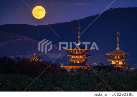 奈良西の京 薬師寺 満月の夜 ライトアップされた薬師寺伽藍と若草山の向こうから顔を出した満月➂ 奈良西の京 薬師寺 満月の夜 ライトアップされた薬師寺伽藍と若草山の向こうから顔を出した満月➂ 108292186