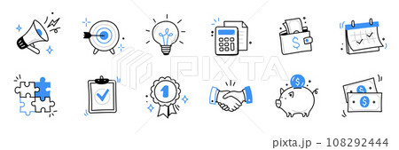 Hand drawn business, money icon set. Finance, money, marketing sketch drawn cute trendy doodle icon. Business money, finance calculator, economic elements. Vector Hand drawn business, money icon set. Finance, money, marketing sketch drawn cute trendy doodle icon. Business money, finance calculator, economic elements. Vector 108292444