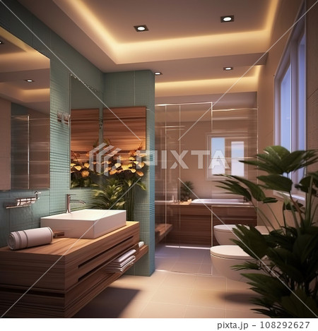 Luxury bathroom interior with window, modern lighting ceiling and bathtub Luxury bathroom interior with window, modern lighting ceiling and bathtub 108292627