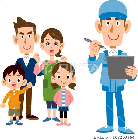 家族と書類に書き込む作業員の男性 家族と書類に書き込む作業員の男性 108293364