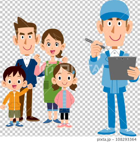 家族と書類に書き込む作業員の男性 家族と書類に書き込む作業員の男性 108293364