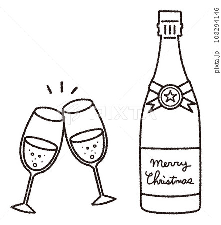 ワインボトルとグラスの手書き線画ベクターイラスト／クリスマスパーティ・乾杯 108294146