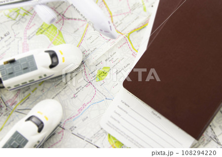 Concept travel transportation with airplane and train on map. 108294220