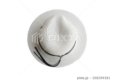 Top view vintage pretty straw hat isolated on white background Top view vintage pretty straw hat isolated on white background 108294381