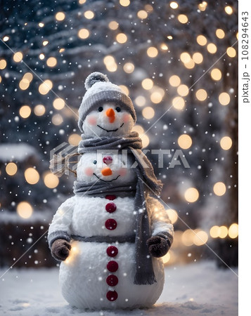 Cute snowman wearing hat and scarf on the snow outdoor. Cute snowman wearing hat and scarf on the snow outdoor. 108294643