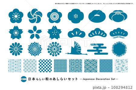 和風の花のあしらいと和柄のパターン背景の年賀状素材にぴったりのセット 和風の花のあしらいと和柄のパターン背景の年賀状素材にぴったりのセット 108294812