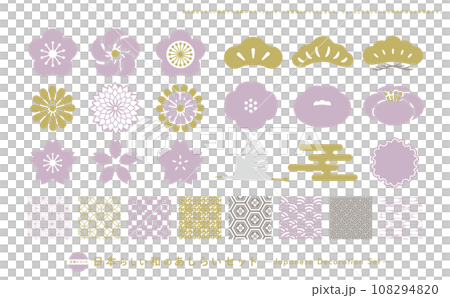 A set perfect for New Year's card materials with Japanese-style flower decorations and Japanese pattern background_Purple/Gold 108294820