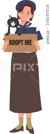 adoption and fostering concept. Caring for a Black Cat. woman Adopting a Black Cat 108297010
