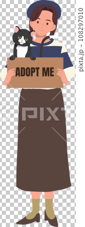 adoption and fostering concept. Caring for a Black Cat. woman Adopting a Black Cat 108297010