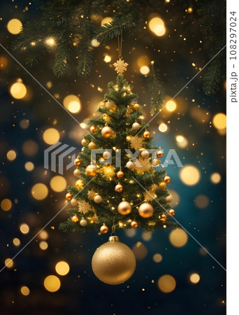 Golden Christmas tree with ornaments on wooden table and blue background 108297024