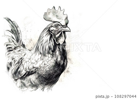 Image of line drawing of a rooster with ink on a white background. Farm animals. 108297044