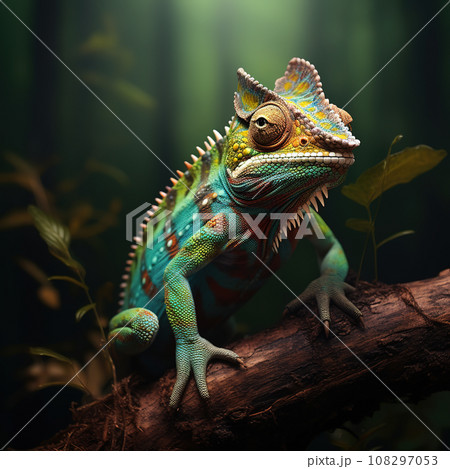 Image of green chameleon on branch in forest. Reptile. Animals. 108297053