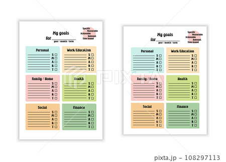 Goals List template. Vector blank page for writing New Year resolutions and yearly or monthly plans. SMART goals system, planning strategy. A4 and US letter paper proportions Goals List template. Vector blank page for writing New Year resolutions and yearly or monthly plans. SMART goals system, planning strategy. A4 and US letter paper proportions 108297113