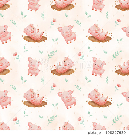 Seamless pattern with cute watercolor piglet character on beige background. 108297620