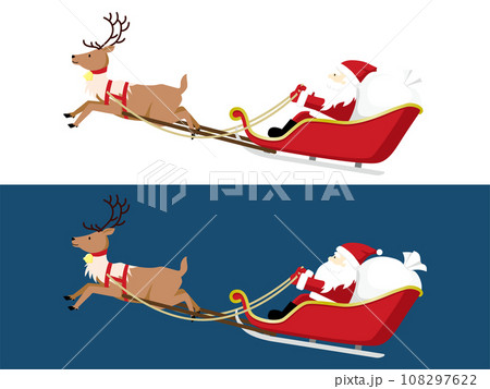 空を飛ぶトナカイのソリに乗ったサンタクロース クリスマスのイラスト