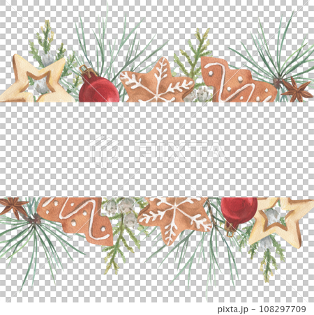 Christmas wreath made of watercolor plants and cookies. A bright element for holiday printed products. Christmas wreath made of watercolor plants and cookies. A bright element for holiday printed products. 108297709