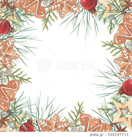 Christmas wreath made of watercolor plants and cookies. A bright element for holiday printed products. Christmas wreath made of watercolor plants and cookies. A bright element for holiday printed products. 108297711